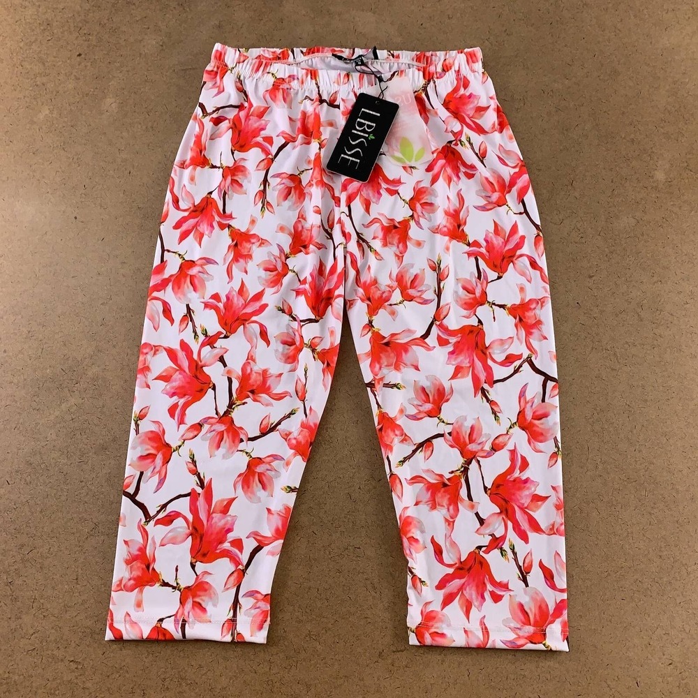 Lbisse Womens Capri Pants White Orange Floral Elastic Waist M New